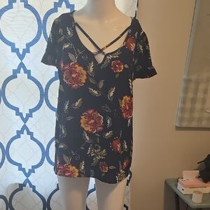 DNA Couture Navy Floral Crisscross Blouse